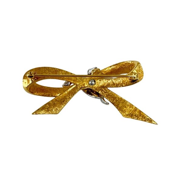 Vintage Gold Bow Brooch with Rhinestones Textured Metal Ribbon Pin - Picture 6 of 10